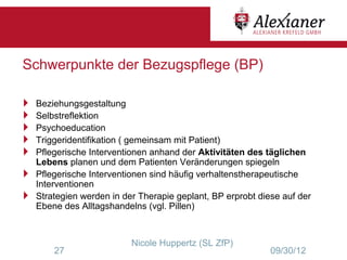 Schwerpunkte der Bezugspflege (BP)

   Beziehungsgestaltung
   Selbstreflektion
   Psychoeducation
   Triggeridentifikation ( gemeinsam mit Patient)
   Pflegerische Interventionen anhand der Aktivitäten des täglichen
    Lebens planen und dem Patienten Veränderungen spiegeln
   Pflegerische Interventionen sind häufig verhaltenstherapeutische
    Interventionen
   Strategien werden in der Therapie geplant, BP erprobt diese auf der
    Ebene des Alltagshandelns (vgl. Pillen)



                           Nicole Huppertz (SL ZfP)
        27                                                   09/30/12
 