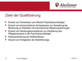 Ziele der Qualifizierung
    Erwerb von Fachwissen zum Bereich Psychotraumatologie
    Erwerb von kommunikativen Kompetenzen zur Gestaltung der
     Beziehung zu Patienten mit traumatischen Belastungsstörungen
    Erwerb von Handlungskompetenzen zur Gestaltung des
     Pflegeprozesses in der Psychotraumatologie
    Weiterentwicklung der Selbstreflexion
    Erwerb von Fertigkeiten der Selbstfürsorge




41           Nicole Huppertz                                        09/30/12
 