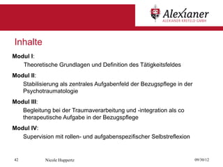 Inhalte
Modul I:
   Theoretische Grundlagen und Definition des Tätigkeitsfeldes
Modul II:
   Stabilisierung als zentrales Aufgabenfeld der Bezugspflege in der
   Psychotraumatologie
Modul III:
   Begleitung bei der Traumaverarbeitung und -integration als co
   therapeutische Aufgabe in der Bezugspflege
Modul IV:
   Supervision mit rollen- und aufgabenspezifischer Selbstreflexion


42          Nicole Huppertz                                            09/30/12
 