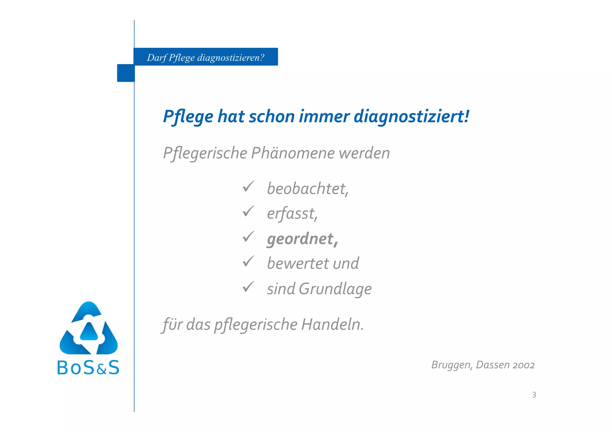 Darf Pflege diagnostizieren?




   Pﬂege hat schon immer diagnostiziert! 
   Pﬂegerische Phänomene werden 

                               beobachtet, 
                               erfasst, 
                               geordnet, 
                               bewertet und  
                               sind Grundlage  

   für das pﬂegerische Handeln. 

                                                   Bruggen, Dassen 2002 

                                                                      3 


                                        
 