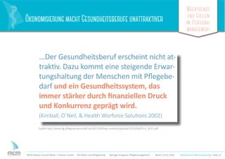 Megatrends
und Rollen
im Personal
management
Folie 13MCM Media Consult Maier + Partner GmbH HR-Rollen und Megatrends Springer Kongress Pﬂegemanagement Berlin 23.01.2016
ÖkonomisierungmachtGesundheitsberufeunattraktiver
Quelle http://www.dg-pﬂegewissenschaft.de/2011DGP/wp-content/uploads/2013/06/PG-4_2011.pdf
Makrotrend Ökonomiserung
...Der Gesundheitsberuf erscheint nicht at-
traktiv. Dazu kommt eine steigende Erwar-
tungshaltung der Menschen mit Pﬂegebe-
darf und ein Gesundheitssystem, das
immer stärker durch ﬁnanziellen Druck
und Konkurrenz geprägt wird.
(Kimball, O`Neil, & Health Worforce Solutions 2002)
 