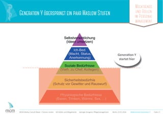 Megatrends
und Rollen
im Personal
management
Folie 17MCM Media Consult Maier + Partner GmbH HR-Rollen und Megatrends Springer Kongress Pﬂegemanagement Berlin 23.01.2016
Generation Y überspringt ein paar Maslow Stufen
Makrotrend Generation Y
Generation Y
startet hier
 