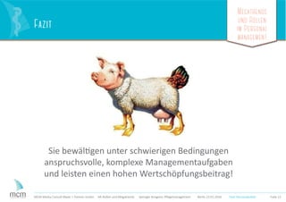 Megatrends
und Rollen
im Personal
management
Folie 22MCM Media Consult Maier + Partner GmbH HR-Rollen und Megatrends Springer Kongress Pﬂegemanagement Berlin 23.01.2016
Sie bewältigen unter schwierigen Bedingungen
anspruchsvolle, komplexe Managementaufgaben
und leisten einen hohen Wertschöpfungsbeitrag!
Fazit
Fazit Personalarbeit
 
