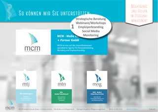 MCM · Media Consult Maier
+ Partner GmbH
MCM ist eine auf das Gesundheitswesen
spezialisierte Agentur für Personalmarketing,
Recruiting und Employerbranding.
MTJ · Medical TopJobs
Interaktive
Recruiting Plattform
und Community
MEDICAL TOPJOBS.DE
MTN ·
Medical TalentNetwork
Internationaler
Karriere- und
Talentpool
MEDICAL TALENT NETWORK
MOG · Medical
Onboarding Germany
Internationale
Personalvermittlung und
Kandidatencoaching
Megatrends
und Rollen
im Personal
management
Folie 24MCM Media Consult Maier + Partner GmbH HR-Rollen und Megatrends Springer Kongress Pﬂegemanagement Berlin 23.01.2016 MCM Portfolio
Megatrends
und Rollen
im Personal
management
Megatrends
und Rollen
im Personal
management
MCM · Media Consult Maier
+ Partner GmbH
Strategische Beratung
Webinare/Workshops
Employerbranding
Social Media
Monitoring
1
So können wir Sie unterstützen:
 