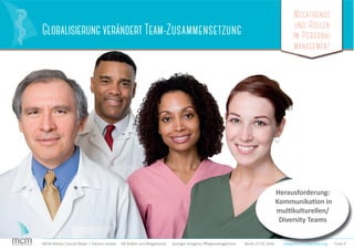 Megatrends
und Rollen
im Personal
management
Folie 9MCM Media Consult Maier + Partner GmbH HR-Rollen und Megatrends Springer Kongress Pﬂegemanagement Berlin 23.01.2016
Megatrends
und Rollen
im Personal
management
Megatrends
und Rollen
im Personal
management
Folie 9MCM Media Consult Maier + Partner GmbH HR-Rollen und Megatrends Springer Kongress Pﬂegemanagement Berlin 23.01.2016
Herausforderung:
Kommunikation in
multikulturellen/
Diversity Teams
Megatrend Globalisierung
Globalisierung verändert Team-Zusammensetzung
 