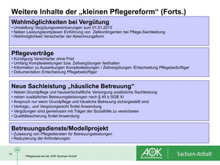 Weitere Inhalte der „kleinen Pflegereform“ (Forts.)
 Wahlmöglichkeiten bei Vergütung
 • Umstellung Vergütungsvereinbarungen zum 01.01.2013
 • Neben Leistungskomplexen Einführung von Zeitkontingenten bei Pflege-Sachleistung
 • Wahlmöglichkeit Versicherter der Abrechnungsform



 Pflegeverträge
 • Kündigung Versicherter ohne Frist
 • Umfang Komplexleistungen bzw. Zeitvergütungen festhalten
 • Information zu Auswirkungen Komplexleistungen / Zeitvergütungen /Entscheidung Pflegebedürftiger
 • Dokumentation Entscheidung Pflegebedürftiger


 Neue Sachleistung „häusliche Betreuung“
 • Neben Grundpflege und hauswirtschaftliche Versorgung zusätzliche Sachleistung
 • neben zusätzlichen Betreuungsleistungen nach § 45 b SGB XI
 • Anspruch nur wenn Grundpflege und häusliche Betreuung sichergestellt sind
 • Vertrags,- und Vergütungsrecht findet Anwendung
 • Vergütungen sind gemeinsam mit Träger der Sozialhilfe zu vereinbaren
 • Qualitätssicherung findet Anwendung


 Betreuungsdienste/Modellprojekt
 • Zulassung von Pflegediensten für Betreuungsleistungen
 • Reduzierung der Anforderungen


14
        Pflegekasse bei der AOK Sachsen-Anhalt
 