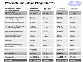 Was kostet die „kleine Pflegereform“?                                                              SPV
     Vorgesehene Leistung                            2013 eigene        2013 BMG   2015 eigene         2015 BMG
     mit Kostenwirkung                               Berechnungen                  Berechnungen
     Vorziehen neuer
     Pflegebedürftigkeitsbegriff                     582 Mio           655 Mio     640 Mio            772 Mio

     Flexibilisierung Leistungsrecht
                                                     200 Mio           200 Mio     395 Mio            395 Mio
     und Leistungserbringerrecht

     Betreuungskräfte für Demente                    41 Mio            15 Mio      41 Mio             15 Mio

     ½ Pflegegeld bei Kurzzeitpflege
     und Verhinderungspflege                         12,7 Mio          140 Mio     17,5 Mio           140 Mio

     Wohngruppen Orgazuschlag                        120 Mio           40 Mio      120 Mio            80 Mio

     Kurzzeitpflege bei Reha der
     Pflegenden Angehörigen                          25 Mio            25 Mio      25 Mio             25 Mio

     Selbsthilfe                                     6,9 Mio           8 Mio       6,9 Mio            8 Mio

     Abschaffung Eigenbeteiligung
                                                     5 Mio             5 Mio       5 Mio              5 Mio
     Wohnumfeld

     Pflegeberatung                                  70-90 Mio         10 Mio      70-90 Mio          10 Mio

     Ausgaben Teil 1                                 582 Mio           655 Mio     640 Mio            772 Mio

     Ausgaben Teil 2                                 max.   498 Mio    443 Mio     max.   505,4 Mio   678 Mio
16
            Pflegekasse bei der AOK Sachsen-Anhalt
     GESAMT                                          max.1,085   Mrd   1,09 Mrd    max.   1,155 Mrd   1,45 Mrd
 