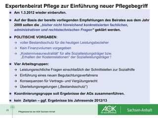 Expertenbeirat Pflege zur Einführung neuer Pflegebegriff
      Am 1.3.2012 wieder einberufen.

      Auf der Basis der bereits vorliegenden Empfehlungen des Beirates aus dem Jahr
       2009 sollen die „bisher nicht hinreichend konkretisierten fachlichen,
       administrativen und rechtstechnischen Fragen“ geklärt werden.

      POLITISCHE VORGABEN:
        voller Bestandsschutz für die heutigen Leistungsbezieher
        Kein Finanzvolumen vorgegeben
        „Kostenniveauneutralität“ für alle Sozialleistungsträger bzw.
            „Erhalten der Kostenrelationen“ der Sozialleistungsträger !
      Vier Arbeitsgruppen:
        Leistungsrechtliche Fragen einschließlich der Schnittstellen zur Sozialhilfe
        Einführung eines neuen Begutachtungsverfahrens
        Konsequenzen für Vertrags- und Vergütungsrecht
        Überleitungsregelungen („Bestandsschutz“)

      Koordinierungsgruppe soll Ergebnisse der AGs zusammenführen.

      kein Zeitplan – ggf. Ergebnisse bis Jahresende 2012/13


23
          Pflegekasse bei der AOK Sachsen-Anhalt
 
