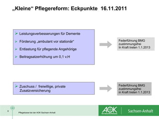 „Kleine“ Pflegereform: Eckpunkte 16.11.2011



     Leistungsverbesserungen für Demente
     Förderung „ambulant vor stationär“       Federführung BMG
                                               zustimmungsfrei
                                               In Kraft treten 1.1.2013
     Entlastung für pflegende Angehörige

     Beitragsatzerhöhung um 0,1 v.H




     Zuschuss /  freiwillige, private         Federführung BMG
                                               zustimmungsfrei
       Zusatzversicherung                      in Kraft treten 1.1.2013




8
      Pflegekasse bei der AOK Sachsen-Anhalt
 