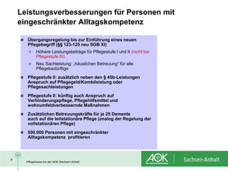 Leistungsverbesserungen für Personen mit
    eingeschränkter Alltagskompetenz

       Übergangsregelung bis zur Einführung eines neuen
        Pflegebegriff (§§ 123-125 neu SGB XI)
             Höhere Leistungsbeträge für Pflegestufe I und II (nicht bei
              Pflegestufe III)
             Neu Sachleistung: „häuslichen Betreuung“ für alle
              Pflegebedürftige
       Pflegestufe 0: zusätzlich neben den § 45b-Leistungen
        Anspruch auf Pflegegeld/Kombileistung oder
        Pflegesachleistungen
       Pflegestufe 0: künftig auch Anspruch auf
        Verhinderungspflege, Pflegehilfsmittel und
        wohnumfeldverbessernde Maßnahmen
       Zusätzlichen Betreuungskräfte für je 25 Demente
        auch auf die teilstationäre Pflege (analog der Regelung der
        vollstationären Pflege)
       500.000 Personen mit eingeschränkter
        Alltagskompetenz profitieren



9
        Pflegekasse bei der AOK Sachsen-Anhalt
 