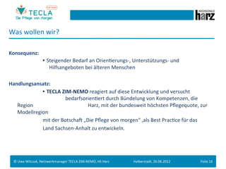Was	
  wollen	
  wir?	
  

Konsequenz:	
  
        	
   	
                     	
     	
  ►	
  Steigender	
  Bedarf	
  an	
  OrienGerungs-­‐,	
  Unterstützungs-­‐	
  und	
  	
  
         	
  	
  	
  	
  	
  	
     	
     	
  	
  	
  	
  	
  	
  Hilfsangeboten	
  bei	
  älteren	
  Menschen	
  
	
  
Handlungsansatz:	
  
     	
   	
   	
   	
  ►	
  TECLA	
  ZIM-­‐NEMO	
  reagiert	
  auf	
  diese	
  Entwicklung	
  und	
  versucht	
  
          	
   	
   	
         	
      	
  bedarfsorienGert	
  durch	
  Bündelung	
  von	
  Kompetenzen,	
  die	
  
         Region	
   	
         	
      	
     	
    	
  Harz,	
  mit	
  der	
  bundesweit	
  höchsten	
  Pﬂegequote,	
  zur	
  
         Modellregion	
  	
  
     	
   	
   	
   	
  mit	
  der	
  BotschaM	
  „Die	
  Pﬂege	
  von	
  morgen“	
  ,als	
  Best	
  PracGce	
  für	
  das	
  	
  
     	
   	
   	
   	
  Land	
  Sachsen-­‐Anhalt	
  zu	
  entwickeln.	
  
	
  


       ©	
  Uwe	
  Witczak,	
  Netzwerkmanager	
  TECLA	
  ZIM-­‐NEMO,	
  HS	
  Harz	
                          Halberstadt,	
  26.06.2012	
     Folie	
  16	
  
 