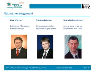 Netzwerkmanagement	
  

          Uwe	
  Witczak	
                                   Chris.an	
  Reinboth	
  	
                  Ulrich	
  Fischer-­‐Hirchert	
  
          	
                                                 	
                                          	
  
          Betriebswirt	
  /	
  Consultant	
                  WirtschaMsinformaGker	
                     Prof.	
  Dr.	
  habil.	
  et	
  rer.	
  nat.	
  
          Netzwerkmanager	
                                  Netzwerkmanager/Technik	
                   Projektleiter,	
  wiss.	
  Leiter	
  




 ©	
  Uwe	
  Witczak,	
  Netzwerkmanager	
  TECLA	
  ZIM-­‐NEMO,	
  HS	
  Harz	
            Halberstadt,	
  26.06.2012	
                                    Folie	
  20	
  
 