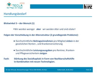 Handlungsbedarf	
  
	
  
Blickwinkel	
  3	
  –	
  der	
  Mensch	
  (1)	
  
	
  

           	
        	
  ►Wir	
  werden	
  weniger	
  	
  	
  aber	
  	
  	
  wir	
  werden	
  älter	
  und	
  sind	
  vitaler!	
  
	
  

Folgen	
  der	
  Verschiebung	
  in	
  der	
  Altersstruktur	
  (2	
  grundlegende	
  Probleme):	
  
	
  
           	
                   	
  ● Durchschnieliche	
  Beitragseinnahmen	
  pro	
  Mitglied	
  sinken	
  in	
  der	
  	
  
           	
  	
  	
  	
  	
   	
  	
  	
  	
  	
  gesetzlichen	
  Renten-­‐,	
  und	
  Krankenversicherung	
  
	
  
           	
       	
  ● Durchschnieliche	
  Leistungsausgaben	
  pro	
  Rentner,	
  Kranken-­‐	
  
           	
       	
  	
  	
  	
  	
  und	
  Pﬂegeversichertem	
  steigen	
  	
  
	
  
Fazit:              	
  	
  Stärkung	
  des	
  Sozialkapitals	
  in	
  Form	
  von	
  NachbarschaNshilfe	
  	
  
     	
             	
  	
  in	
  Kombina.on	
  mit	
  neuen	
  Technologien.	
  


       ©	
  Uwe	
  Witczak,	
  Netzwerkmanager	
  TECLA	
  ZIM-­‐NEMO,	
  HS	
  Harz	
            Halberstadt,	
  26.06.2012	
        Folie	
  23	
  
 