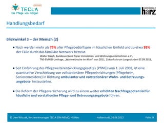 Handlungsbedarf	
  
	
  
Blickwinkel	
  3	
  –	
  der	
  Mensch	
  (2)	
  
	
  

        	
  ●	
  Noch	
  werden	
  mehr	
  als	
  75%	
  aller	
  PﬂegebedürMigen	
  im	
  häuslichen	
  Umfeld	
  und	
  zu	
  etwa	
  95%	
  	
  
         	
   	
  	
  	
  der	
  Fälle	
  durch	
  das	
  familiäre	
  Netzwerk	
  betreut.	
  
         	
   	
     	
       	
        	
  	
  Walter	
  Rasch,	
  Bundesverband	
  Freier	
  Immobilien-­‐	
  und	
  Wohnungsunternehmen	
  e.V.,	
  
         	
   	
     	
       	
        	
  	
  TNS-­‐EMNID-­‐Umfrage,	
  „Wohnwünsche	
  im	
  Alter“	
  	
  von	
  2011, ZukunMsforum	
  Langes	
  Leben	
  07.09.2011,	
  	
  
	
  
        	
  ● Seit	
  Einführung	
  des	
  Pﬂegeweiterentwicklungsgesetzes	
  (PfWG)	
  vom	
  1.	
  Juli	
  2008,	
  ist	
  eine	
  	
  
         	
  	
  	
  	
  	
  quanGtaGve	
  Verschiebung	
  von	
  vollstaGonären	
  Pﬂegeeinrichtungen	
  (Pﬂegeheim,	
  	
  
         	
  	
  	
  	
  	
  Seniorenresidenz)	
  in	
  Richtung	
  ambulanter	
  und	
  vorsta.onärer	
  Wohn-­‐	
  und	
  Betreuungs-­‐	
  
         	
   	
  	
  	
  angebote	
  	
  festzustellen.	
  
	
  
         	
  ●	
  Die	
  Reform	
  der	
  Pﬂegeversicherung	
  wird	
  zu	
  einem	
  weiter	
  erhöhten	
  Nachfragepotenzial	
  für	
  	
  
         	
  	
  	
  	
  	
  häusliche	
  und	
  vorsta.onäre	
  Pﬂege-­‐	
  und	
  Betreuungsangebote	
  führen.	
  
         	
  	
  



       ©	
  Uwe	
  Witczak,	
  Netzwerkmanager	
  TECLA	
  ZIM-­‐NEMO,	
  HS	
  Harz	
                       Halberstadt,	
  26.06.2012	
                               Folie	
  24	
  
 