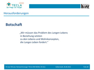 Herausforderungen	
  
 	
  
 BotschaN	
  
 	
  
        	
         	
         	
     	
  „Wir	
  müssen	
  das	
  Problem	
  des	
  Langen	
  Lebens	
  
        	
         	
  	
     	
     	
  	
  in	
  Beziehung	
  setzten	
  	
  
        	
         	
         	
     	
  	
  zu	
  den	
  Lebens-­‐und	
  Wohnkonzepten,	
  
        	
  	
     	
         	
     	
  	
  die	
  Langes	
  Leben	
  fordert.“	
  
 	
  
 	
  
 	
  
 	
  
 	
  
 	
  
 ©	
  Uwe	
  Witczak,	
  Netzwerkmanager	
  TECLA	
  ZIM-­‐NEMO,	
  HS	
  Harz	
      Halberstadt,	
  26.06.2012	
     Folie	
  28	
  
 