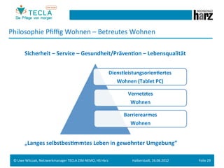 Philosophie	
  Pﬁﬃg	
  Wohnen	
  –	
  Betreutes	
  Wohnen	
  

          Sicherheit	
  –	
  Service	
  –	
  Gesundheit/Präven.on	
  –	
  Lebensqualität	
  
 	
  
 	
                                                                              Dienstleistungsorien.ertes	
  
 	
                                                                                 Wohnen	
  (Tablet	
  PC)	
  
 	
  
                                                                                          Vernetztes	
  
 	
  
                                                                                           Wohnen	
  
 	
  
 	
                                                                                     Barrierearmes	
  
 	
                                                                                       Wohnen	
  
 	
  
        	
   	
  „Langes	
  selbstbes.mmtes	
  Leben	
  in	
  gewohnter	
  Umgebung“	
  

 ©	
  Uwe	
  Witczak,	
  Netzwerkmanager	
  TECLA	
  ZIM-­‐NEMO,	
  HS	
  Harz	
            Halberstadt,	
  26.06.2012	
     Folie	
  29	
  
 