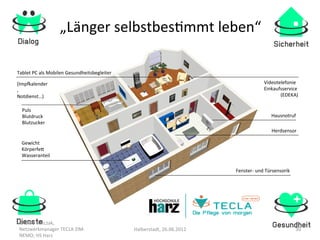 „Länger	
  selbstbesGmmt	
  leben“	
  

Tablet	
  PC	
  als	
  Mobilen	
  Gesundheitsbegleiter	
  

(Imppalender                                                                                                    Videotelefonie	
  
,	
                                                                                                             Einkaufsservice	
  
Notdienst…)	
                                                                                                          (EDEKA)	
  

   Puls	
  
   Blutdruck	
                                                                                                       Hausnotruf	
  
   Blutzucker	
  
                                                                                                                     Herdsensor	
  

  Gewicht	
  
  Körperfee	
  
  Wasseranteil	
  

                                                                                              Fenster-­‐	
  und	
  Türsensorik	
  




 ©	
  Uwe	
  Witczak,	
  
 Netzwerkmanager	
  TECLA	
  ZIM-­‐                          Halberstadt,	
  26.06.2012	
                                            30	
  
 NEMO,	
  HS	
  Harz	
  
 