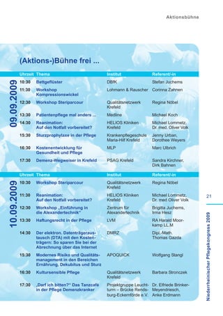 Aktionsbühne




             (Aktions-)Bühne frei ...
             Uhrzeit Thema                             Institut               Referent/-in
             10:30   Bettgeflüster                     DBfK                   Stefan Juchems
09.09.2009




             11:30   Workshop                          Lohmann & Rauscher Corinna Zahnen
                     Kompressionswickel
             12:30   Workshop Steriparcour             Qualitätsnetzwerk      Regina Nöbel
                                                       Krefeld
             13:30   Patientenpflege mal anders ...    Medline                Michael Koch
             14:30   Reanimation:                      HELIOS Kliniken        Michael Lommetz,
                     Auf den Notfall vorbereitet?      Krefeld                Dr. med. Oliver Volk
             15:30   Sturzprophylaxe in der Pflege     Krankenpflegeschule    Jenny Urban,
                                                       Maria-Hilf Krefeld     Dorothee Weyers
             16:30   Kostenentwicklung für             MLP                    Marc Ulbrich
                     Gesundheit und Pflege
             17:30   Demenz-Wegweiser in Krefeld       PSAG Krefeld           Sandra Kirchner,
                                                                              Dirk Bahnen

             Uhrzeit Thema                             Institut               Referent/-in
             10:30   Workshop Steriparcour             Qualitätsnetzwerk      Regina Nöbel
10.09.2009




                                                       Krefeld
             11:30   Reanimation:                      HELIOS Kliniken        Michael Lommetz,                21
                     Auf den Notfall vorbereitet?      Krefeld                Dr. med Oliver Volk
             12:30   Workshop „Einführung in           Zentrum für            Brigitta Juchems,
                     die Alexandertechnik“             Alexandertechnik       Irma Hesz
                                                                                                     Niederrheinischer Pflegekongress 2009

             13:30   Haftungsrecht in der Pflege       LVM                    RA Harald Moor-
                                                                              kamp LL.M
             14:30   Der elektron. Datenträgeraus-     DMRZ                   Dipl.-Math.
                     tausch (DTA) mit den Kosten-                             Thomas Gazda
                     trägern: So sparen Sie bei der
                     Abrechnung über das Internet
             15:30   Modernes Risiko und Qualitäts-    APOQUICK               Wolfgang Stangl
                     management in den Bereichen
                     Ernährung, Dekubitus und Sturz
             16:30   Kultursensible Pflege             Qualitätsnetzwerk      Barbara Stronczek
                                                       Krefeld
             17:30   „Darf ich bitten?“ Das Tanzcafé   Projektgruppe Leucht- Dr. Elfriede Brinker-
                     in der Pflege Demenzkranker       turm – Brücke Rends- Meyendriesch,
                                                       burg-Eckernförde e.V. Anke Erdmann
 