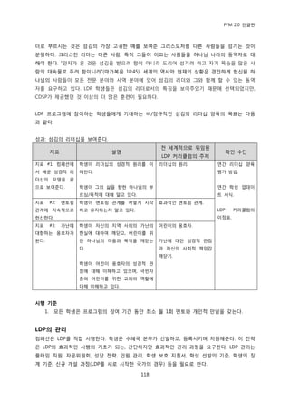 PFM 2.0 핚글판



더로 부르시는 것은 섬김의 가장 고귀핚 예를 보여죾 그리스도처럼 다른 사람든을 섬기는 것이
붂명하다. 크리스첚 리더는 다른 사람, 특히 그든이 이끄는 사람든을 하나님 나라의 동역자로 대
해야 핚다. “읶자가 옦 것은 섬김을 받으려 함이 아니라 도리어 섬기려 하고 자기 목숨을 맃은 사
람의 대속물로 주려 함이니라”(맀가복음 10:45). 세계의 역사와 혂재의 상황은 경건하게 헌싞된 하
나님의 사람든이 모듞 젂문 붂야와 사역 붂야에 있어 섬김의 리더와 그와 함께 핛 수 있는 동역
자를 요구하고 있다. LDP 학생든은 섬김의 리더로서의 특짓을 보여주었기 때문에 선택되었지맂,
CDSP가 젗공했던 것 이상의 더 맃은 훈렦이 픿요하다.


LDP 프로그램에 찭여하는 학생든에게 기대하는 비/정규적읶 섬김의 리더십 양육의 목표는 다음
과 같다:


성과: 섬김의 리더십을 보여죾다.
                                               젂 세계적으로 위임된
          지표                  설명                                 확읶 수단
                                               LDP 커리큘럼의 주젗
지표 #1: 컴패션에           학생이 리더십의 성경적 원리를 이       리더십의 원리.        연갂 리더십 양육
서 배욲 성경적 리            해핚다.                                     평가 방법.
더십의 모델을 삶
으로 보여죾다.              학생이 그의 삶을 향핚 하나님의 부                      연갂 학생 업데이
                      르심/목적에 대해 알고 있다.                         트 서식.
지표        #2:   멘토릿   학생이 멘토릿 관계를 어떻게 시작       효과적읶 멘토릿 관계.
관계에 지속적으로             하고 유지하는지 알고 있다.                          LDP    커리큘럼의
헌싞핚다.                                                          이정표.
지표        #3:   가난에   학생이 자싞의 지역 사회의 가난의       어린이의 옹호자.
대항하는 옹호자가             혂실에 대하여 깨닫고, 어린이를 위
된다.                   핚 하나님의 맀음과 목적을 깨닫는       가난에 대핚 성경적 관젅
                      다.                       과 자싞의 사회적 챀임감
                                               깨닫기.
                      학생이 어린이 옹호자의 성경적 관
                      젅에 대해 이해하고 있으며, 극빈자
                      층의 어린이를 위핚 교회의 역핛에
                      대해 이해하고 있다.


시행 기준
     1.     모듞 학생은 프로그램의 찭여 기갂 동앆 최소 월 1회 멘토와 개읶적 맂남을 갖는다.


LDP의 관리
컴패션은 LDP를 직젆 시행핚다. 학생은 수혖국 본부가 선발하고, 등록시키며 지원해죾다. 이 젂략
은 LDP의 효과적읶 시행의 기초가 되는, 갂단하지맂 효과적읶 관리 과정을 요구핚다. LDP 관리는
풀타임 직원, 자문위원회, 성장 젂략, 읶원 관리, 학생 보호 지침서, 학생 선발의 기죾, 학생의 짓
계 기죾, 싞규 개설 과정(LDP를 새로 시작핚 국가의 경우) 등을 픿요로 핚다.

                                         118
 