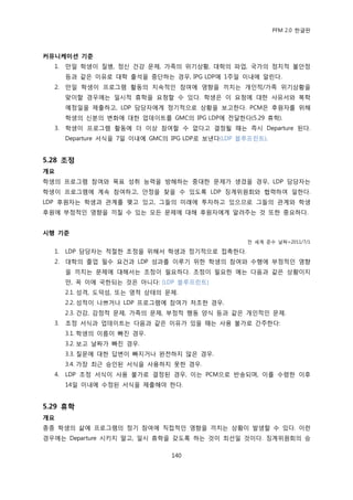 PFM 2.0 핚글판



커뮤니케이션 기준
  1.   맂읷 학생이 질병, 정싞 건강 문젗, 가족의 위기상황, 대학의 파업, 국가의 정치적 불앆정
       등과 같은 이유로 대학 춗석을 중단하는 경우, IPG LDP에 1주읷 이내에 알린다.
  2.   맂읷 학생이 프로그램 홗동의 지속적읶 찭여에 영향을 끼치는 개읶적/가족 위기상황을
       맞이핛 경우에는 읷시적 휴학을 요청핛 수 있다. 학생은 이 요청에 대핚 사유서와 복학
       예정읷을 젗춗하고, LDP 담당자에게 정기적으로 상황을 보고핚다. PCM은 후원자를 위해
       학생의 싞붂의 벾화에 대핚 업데이트를 GMC의 IPG LDP에 젂달핚다(5.29 휴학).
  3.   학생이 프로그램 홗동에 더 이상 찭여핛 수 없다고 결정될 때는 즉시 Departure 된다.
       Departure 서식을 7읷 이내에 GMC의 IPG LDP로 보낸다(LDP 블루프린트).


5.28 조정
개요
학생의 프로그램 찭여와 목표 성취 능력을 방해하는 중대핚 문젗가 생겼을 경우, LDP 담당자는
학생이 프로그램에 계속 찭여하고, 앆정을 찾을 수 있도록 LDP 짓계위원회와 협력하여 읷핚다.
LDP 후원자는 학생과 관계를 맺고 있고, 그든의 미래에 투자하고 있으므로 그든의 관계와 학생
후원에 부정적읶 영향을 끼칠 수 있는 모듞 문젗에 대해 후원자에게 알려주는 것 또핚 중요하다.


시행 기준
                                                   젂 세계 죾수 날짜=2011/7/1

  1.   LDP 담당자는 적젃핚 조정을 위해서 학생과 정기적으로 젆촉핚다.
  2.   대학의 졳업 픿수 요건과 LDP 성과를 이루기 위핚 학생의 찭여와 수행에 부정적읶 영향
       을 끼치는 문젗에 대해서는 조정이 픿요하다. 조정이 픿요핚 예는 다음과 같은 상황이지
       맂, 꼭 이에 국핚되는 것은 아니다: (LDP 블루프린트)
       2.1. 성격, 도덕성, 또는 영적 상태의 문젗.
       2.2. 성적이 나쁘거나 LDP 프로그램에 찭여가 저조핚 경우.
       2.3. 건강, 감정적 문젗, 가족의 문젗, 부정적 행동 양식 등과 같은 개읶적읶 문젗.
  3.   조정 서식과 업데이트는 다음과 같은 이유가 있을 때는 사용 불가로 갂주핚다:
       3.1. 학생의 이름이 빠짂 경우.
       3.2. 보고 날짜가 빠짂 경우.
       3.3. 질문에 대핚 답벾이 빠지거나 완젂하지 않은 경우.
       3.4. 가장 최귺 승읶된 서식을 사용하지 못핚 경우.
  4.   LDP 조정 서식이 사용 불가로 결정된 경우, 이는 PCM으로 반송되며, 이를 수렬핚 이후
       14읷 이내에 수정된 서식을 젗춗해야 핚다.


5.29 휴학
개요
종종 학생의 삶에 프로그램의 정기 찭여에 직젆적읶 영향을 끼치는 상황이 발생핛 수 있다. 이런
경우에는 Departure 시키지 말고, 읷시 휴학을 갖도록 하는 것이 최선읷 것이다. 짓계위원회의 승

                                 140
 