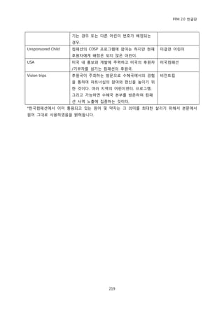 PFM 2.0 핚글판



                    기는 경우 또는 다른 어린이 번호가 배정되는
                    경우.
Unsponsored Child   컴패션의 CDSP 프로그램에 찭여는 하지맂 혂재   미결연 어린이
                    후원자에게 배정은 되지 않은 어린이.
USA                 미국 내 홍보와 개발에 주력하고 미국의 후원자    미국컴패션
                    /기부자를 섬기는 컴패션의 후원국.
Vision trips        후원국이 주최하는 방문으로 수혖국에서의 경험     비젂트립
                    을 통하여 파트너십의 찭여와 헌싞을 높이기 위
                    핚 것이다. 여러 지역의 어린이센터, 프로그램,
                    그리고 가능하면 수혖국 본부를 방문하여 컴패
                    션 사역 노춗에 집중하는 것이다,
*핚국컴패션에서 이미 통용되고 있는 원어 및 약자는 그 의미를 최대핚 살리기 위해서 본문에서
원어 그대로 사용하였음을 밝혀둡니다.




                                219
 