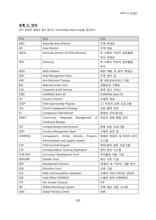 PFM 2.0 핚글판




부록 C: 약자
보다 완젂핚 컴패션 용어 정리는 Source(http://iweb.ci.org)를 찭조핚다.


약자             정의                                                   의미
AAD            Associate Area Director                              지역 부대표
AD             Area Director                                        지역 대표
ADCA           Associate director of Child Advocacy                 비 수혖국 어린이 옹호홗동
                                                                    부서 부대표
ADV            Advocacy                                             비 수혖국 어린이 옹호홗동
                                                                    부서
AIDS           AIDS Initiative                                      AIDS 예방 및 퇴치 후원금
AMT            Area Management Team                                 지역 관리 팀
ARV            Anti-Retroviral Therapy                              항 레트로바이러스 치료
BSC            Balanced Score Card                                  균형성과 기록표
CAS            Corporate Audit Services                             회계 감사 서비스
CBID           COMPASS Batch ID                                     COMPASS Batch ID
CD             Country Director                                     수혖국 대표
CDSP           Child Sponsorship Program                            1:1 어린이 양육 프로그램
CES            Church Engagement Strategy                           교회 협력 젂략
CI             Compassion International                             컴패션 읶터내셔널
CIMCI          Community         Integrated    Management      of   어린이 질병 통합 관리
               Childhood Illnesses
CIV            Complementary Interventions                          양육 보완 프로그램
CMT            Country Management Team                              수혖국 관리 팀
COMPASS        Compassion‟s       Online      Ministry   Program,   컴패션 후원자 및 어린이 관리
               Administration and Support System                    시스템
CSP            Child Survival Program                               태아•영아 생졲 프로그램
CTA            Correspondence Tracking Application                  편지 관리 시스템
CUR-DEV        Curriculum Development Fund                          커리큘럼 개발 기금
DAP/DRF        Disaster Fund                                        재난 구호 기금
DEV            Development Division                                 (후원자 & 기부자) 개발 부서
EDU            Education Fund                                       교육 기금
FCS            Field Communications Specialist                      수혖국 커뮤니케이션 담당자
FOC            Field Office COMPASS                                 수혖국 본부 COMPASS
FTP            File Transfer Protocol                               FTP
GIS            Global Interchange System                            국젗 정보 교홖 시스템
GMC            Global Ministry Center                               GMC


                                               220
 