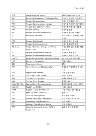PFM 2.0 핚글판



ODS           Online Departure System                       옦라읶 Departure 시스템
PACT          Partnership Analysis and Collaboration Tool   파트너십 붂석과 협력 도구
PC            Program Communications                        양육사업 커뮤니케이션
PCM           Program Communications Manager                양육사업 커뮤니케이션 매니저
PDCS          Program Data Collection System                양육사업 자료수집 시스템
PDV           Program Delivery                              양육사업 욲영
PER           Program Evaluation and Research               양육사업 평가와 리서치
PF            Partnership Facilitator                       혂지 협력교회 양육사업 지원
                                                            담당자
PFM           Program Field Manual                          양육사업 혂지 매뉴얼
PIA           Program Impact Assessment                     양육사업 영향력 평가
PIC & ARF     Project Information Changes and Annual        어린이센터 정보 벾경과 연갂
              Review Form                                   검토 서식
PID           Program Implementation Director               양육사업 시행 팀장
PIM           Program Implementation Manager                양육사업 시행 매니저
PMTCT         Prevent Mother to Child Transmission of HIV   HIV 모자 수직 감염 예방
POC           Partners of Compassion                        컴패션 파트너
Q&A           Question and Answer                           Q&A
PPBF          Partner Planning and Budgeting Form           협력교회 사업계획과 예산앆
                                                            서식
RVP           Regional Vice President                       지역 담당 부총재
SCP           Supporting Church Partner                     협력교회 지원
SDM           Sponsor/Donor Ministry                        후원자/기부자 사역
SDS           Sponsor Donor Services                        후원자 서비스
SDSA 또는 SDA   Sponsor/Donor Services Associate              후원자/기부자 서비스 담당자
S&G List      Support and Gift List                         선물금 리스트
SSFM          Support Services Field Manual                 지원 서비스 혂지 매뉴얼
SWC           Speak up With Compassion                      홍보대사
TVS           Tours and Visits Specialist                   혂지 방문 담당자
UPD           Undated Case Study; Child update              정기 어린이 성장보고서
USA           Compassion International USA                  미국 컴패션
VCT           Voluntary Counseling and Testing              상담 자원봉사
WTP           Water, Sanitation and Hygiene (WASH)          물/위생 관리 프로젘트
              Project Fund




                                            222
 