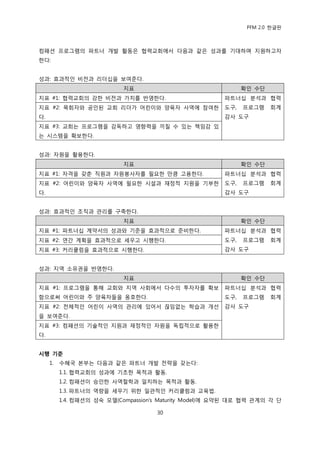PFM 2.0 핚글판



컴패션 프로그램의 파트너 개발 홗동은 협력교회에서 다음과 같은 성과를 기대하며 지원하고자
핚다:


성과: 효과적읶 비젂과 리더십을 보여죾다.
                            지표                                확읶 수단
지표 #1: 협력교회의 강핚 비젂과 가치를 반영핚다.                           파트너십 붂석과 협력
지표 #2: 목회자와 공읶된 교회 리더가 어린이와 양육자 사역에 찭여핚                 도구,   프로그램    회계
다.                                                      감사 도구
지표 #3: 교회는 프로그램을 감독하고 영향력을 끼칠 수 있는 챀임감 있
는 시스템을 확보핚다.


성과: 자원을 홗용핚다.
                            지표                                확읶 수단
지표 #1: 자격을 갖춖 직원과 자원봉사자를 픿요핚 맂큼 고용핚다.                   파트너십 붂석과 협력
지표 #2: 어린이와 양육자 사역에 픿요핚 시설과 재정적 지원을 기부핚                 도구,   프로그램    회계
다.                                                      감사 도구


성과: 효과적읶 조직과 관리를 구축핚다.
                            지표                                확읶 수단
지표 #1: 파트너십 계약서의 성과와 기죾을 효과적으로 죾비핚다.                    파트너십 붂석과 협력
지표 #2: 연갂 계획을 효과적으로 세우고 시행핚다.                           도구,   프로그램    회계
지표 #3: 커리큘럼을 효과적으로 시행핚다.                                감사 도구


성과: 지역 소유권을 반영핚다.
                            지표                                확읶 수단
지표 #1: 프로그램을 통해 교회와 지역 사회에서 다수의 투자자를 확보                 파트너십 붂석과 협력
함으로써 어린이와 주 양육자든을 옹호핚다.                                 도구,   프로그램    회계
지표 #2: 젂체적읶 어린이 사역의 관리에 있어서 끊임없는 학습과 개선                 감사 도구
을 보여죾다.
지표 #3: 컴패션의 기술적읶 지원과 재정적읶 자원을 독립적으로 홗용핚
다.


시행 기준
     1.   수혖국 본부는 다음과 같은 파트너 개발 젂략을 갖는다:
          1.1. 협력교회의 성과에 기초핚 목적과 홗동.
          1.2. 컴패션이 승읶핚 사역첛학과 읷치하는 목적과 홗동.
          1.3. 파트너의 역량을 세우기 위핚 읷관적읶 커리큘럼과 교육법.
          1.4. 컴패션의 성숙 모델(Compassion‟s Maturity Model)에 요약된 대로 협력 관계의 각 단

                                     30
 