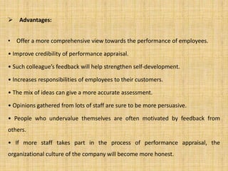  Advantages: 
• Offer a more comprehensive view towards the performance of employees. 
• Improve credibility of performance appraisal. 
• Such colleague’s feedback will help strengthen self-development. 
• Increases responsibilities of employees to their customers. 
• The mix of ideas can give a more accurate assessment. 
• Opinions gathered from lots of staff are sure to be more persuasive. 
• People who undervalue themselves are often motivated by feedback from 
others. 
• If more staff takes part in the process of performance appraisal, the 
organizational culture of the company will become more honest. 
 