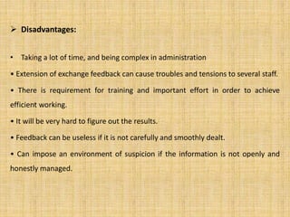  Disadvantages: 
• Taking a lot of time, and being complex in administration 
• Extension of exchange feedback can cause troubles and tensions to several staff. 
• There is requirement for training and important effort in order to achieve 
efficient working. 
• It will be very hard to figure out the results. 
• Feedback can be useless if it is not carefully and smoothly dealt. 
• Can impose an environment of suspicion if the information is not openly and 
honestly managed. 
 