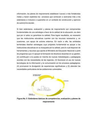 información, los planes de mejoramiento establecen nuevas o más fortalecidas
metas y hacen explícitos los procesos que conducen a acercarse más a los
estándares e inclusive a superarlos en un contexto de construcción y ejercicio
de autonomía escolar.
Si bien estándares, evaluación y planes de mejoramiento son componentes
fundamentales de una estrategia a favor de la calidad de la educación, es claro
que por sí solos no garantizan la calidad. Para lograr resultados, es necesario
que las instituciones educativas cuenten con los recursos necesarios y, en
ocasiones, con apoyo de actores externos. En razón a ello, las entidades
territoriales diseñan estrategias cuyo propósito fundamental es apoyar a las
instituciones educativas en su búsqueda por la calidad, para lo cual disponen de
herramientas y recursos que aporta el Ministerio de Educación Nacional a partir
de programas que (1) apoyan la formación de directivos docentes en su gestión,
(2) contribuyen a la puesta en marcha de nuevas metodologías y pedagogías
acordes con las necesidades de las regiones, (3) favorecen el uso de nuevas
tecnologías de la información y la comunicación en los procesos pedagógicos,
(4) promueven la divulgación de experiencias significativas y (5) atienden las
necesidades particulares de las poblaciones vulnerables.
Figura No. 5 Estándares básicos de competencias, evaluación y planes de
mejoramiento
 