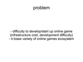 problem - difficulty to develop/start up online game (infrastructure cost, development difficulty) - it loses variety of online games ecosystem 