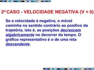 Se a velocidade é negativa, o móvel
caminha no sentido contrário ao positivo da
trajetória, isto é, as posições decrescem
algebricamente no decorrer do tempo. O
gráfico representativo é o de uma reta
descendente.
2O
CASO - VELOCIDADE NEGATIVA (V < 0)
 