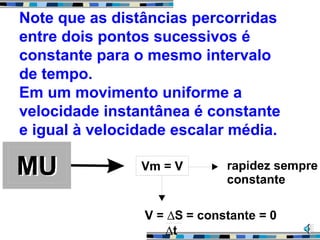Note que as distâncias percorridas
entre dois pontos sucessivos é
constante para o mesmo intervalo
de tempo.
Em um movimento uniforme a
velocidade instantânea é constante
e igual à velocidade escalar média.
 
