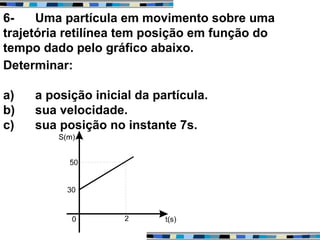 6- Uma partícula em movimento sobre uma
trajetória retilínea tem posição em função do
tempo dado pelo gráfico abaixo.
Determinar:
a) a posição inicial da partícula.
b) sua velocidade.
c) sua posição no instante 7s.
 