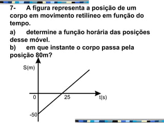 7- A figura representa a posição de um
corpo em movimento retilíneo em função do
tempo.
a) determine a função horária das posições
desse móvel.
b) em que instante o corpo passa pela
posição 80m?
 
