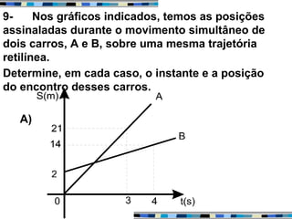 9- Nos gráficos indicados, temos as posições
assinaladas durante o movimento simultâneo de
dois carros, A e B, sobre uma mesma trajetória
retilínea.
Determine, em cada caso, o instante e a posição
do encontro desses carros.
A)
 
