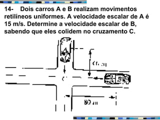 14- Dois carros A e B realizam movimentos
retilíneos uniformes. A velocidade escalar de A é
15 m/s. Determine a velocidade escalar de B,
sabendo que eles colidem no cruzamento C.
 