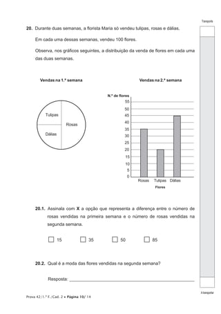 Prova 42/1.ª F./Cad. 2 • Página 10/ 14
Transporte
Atransportar
20.  Durante duas semanas, a florista Maria só vendeu tulipas, rosas e dálias.
Em cada uma dessas semanas, vendeu 100 flores.
Observa, nos gráficos seguintes, a distribuição da venda de flores em cada uma
das duas semanas.
Tulipas
Dálias
Rosas
Vendas na 1.ª semana
Rosas Tulipas Dálias
5
10
15
20
25
30
35
0
Vendas na 2.ª semana
40
45
50
55
Flores
N.º de flores
20.1.  Assinala com X a opção que representa a diferença entre o número de
rosas vendidas na primeira semana e o número de rosas vendidas na
segunda semana.
 15   35  50  85
20.2.  Qual é a moda das flores vendidas na segunda semana?
Resposta: ________________________________________________________
 