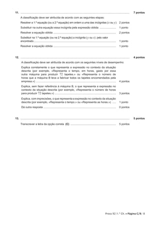 Prova 92/1.ª Ch. • Página C/8/ 8
11.  ...................................................................................................................................................	 7 pontos
A classificação deve ser atribuída de acordo com as seguintes etapas:
Resolver a 1.ª equação (ou a 2.ª equação) em ordem a uma das incógnitas (x ou y).	 2 pontos
Substituir na outra equação essa incógnita pela expressão obtida ....................... 	 1 pontos
Resolver a equação obtida ..................................................................................... 	 2 pontos
Substituir na 1.ª equação (ou na 2.ª equação) a incógnita (y ou x) pelo valor
encontrado............................................................................................................... 	 1 pontos
Resolver a equação obtida ..................................................................................... 	 1 pontos
12.  ...................................................................................................................................................	 4 pontos
A classificação deve ser atribuída de acordo com os seguintes níveis de desempenho:
Explica corretamente o que representa a expressão no contexto da situação
descrita (por exemplo, «Representa o tempo, em horas, gasto por essa
outra máquina para produzir 72 tapetes.» ou «Representa o número de
horas que a máquina B leva a fabricar todos os tapetes encomendados pela
empresa.») ............................................................................................................ 	 4 pontos
Explica, sem fazer referência à máquina B, o que representa a expressão no
contexto da situação descrita (por exemplo, «Representa o número de horas
para produzir 72 tapetes.») ................................................................................... 	 3 pontos
Explica, com imprecisões, o que representa a expressão no contexto da situação
descrita (por exemplo, «Representa o tempo.» ou «Representa as horas.») ...... 	 1 pontos
Dá outra resposta .................................................................................................. 	 0 pontos
13.  ...................................................................................................................................................	 5 pontos
Transcrever a letra da opção correta (C) .............................................................. 	 5 pontos
 