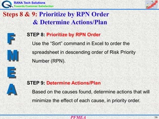 RANA Tech Solutions
Towards Customer Satisfaction
16PFMEA
Steps 8 & 9: Prioritize by RPN Order
& Determine Actions/Plan
STEP 8: Prioritize by RPN Order
Use the “Sort” command in Excel to order the
spreadsheet in descending order of Risk Priority
Number (RPN).
STEP 9: Determine Actions/Plan
Based on the causes found, determine actions that will
minimize the effect of each cause, in priority order.
 