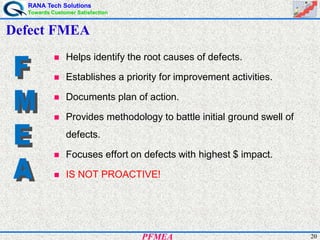 RANA Tech Solutions
Towards Customer Satisfaction
20PFMEA
Defect FMEA
Helps identify the root causes of defects.
Establishes a priority for improvement activities.
Documents plan of action.
Provides methodology to battle initial ground swell of
defects.
Focuses effort on defects with highest $ impact.
IS NOT PROACTIVE!
 