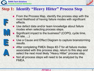 RANA Tech Solutions
Towards Customer Satisfaction
8PFMEA
Step 1: Identify “Heavy Hitter” Process Step
From the Process Map, identify the process step with the
most likelihood of having failure modes with significant
effects.
Use defect data and/or team knowledge about failure
modes when selecting process steps.
Significant impact to the business? (COPQ, cycle time,
fill rate, ...)
Use a Cause and Effect Diagram to capture brainstorming
results.
After completing FMEA Steps #2-7 for all failure modes
associated with this process step, return to this step and
select the next most likely “Heavy Hitter” process step.
Not all process steps will need to be analyzed by the
FMEA.
 