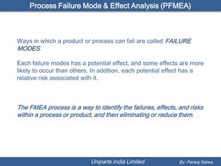 Process Failure Mode & Effect Analysis (PFMEA)



Ways in which a product or process can fail are called FAILURE
MODES.

Each failure modes has a potential effect, and some effects are more
likely to occur than others. In addition, each potential effect has a
relative risk associated with it.



The FMEA process is a way to identify the failures, effects, and risks
within a process or product, and then eliminating or reduce them.




                           Uniparts India Limited           By: Pankaj Nalwa
 