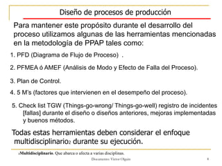 Diseño de procesos de producción
Para mantener este propósito durante el desarrollo del
proceso utilizamos algunas de las herramientas mencionadas
en la metodología de PPAP tales como:
1. PFD (Diagrama de Flujo de Proceso) .
2. PFMEA ó AMEF (Análisis de Modo y Efecto de Falla del Proceso).
3. Plan de Control.
4. 5 M’s (factores que intervienen en el desempeño del proceso).
5. Check list TGW (Things-go-wrong/ Things-go-well) registro de incidentes
[fallas] durante el diseño o diseños anteriores, mejoras implementadas
y buenos métodos.

Todas estas herramientas deben considerar el enfoque
multidisciplinario2 durante su ejecución.
2

Multidisciplinario. Que abarca o afecta a varias disciplinas.
Documento: Victor Olguin

4

 