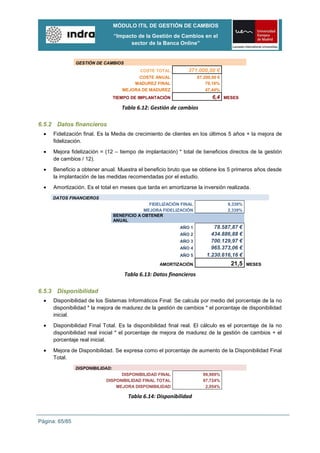MÓDULO ITIL DE GESTIÓN DE CAMBIOS
                                  “Impacto de la Gestión de Cambios en el
                                        sector de la Banca Online”


                GESTIÓN DE CAMBIOS
                                            COSTE TOTAL         371.000,00 €
                                           COSTE ANUAL                67.200,00 €
                                         MADUREZ FINAL                    79,16%
                                     MEJORA DE MADUREZ                    47,44%
                                  TIEMPO DE IMPLANTACIÓN                     6,4 MESES
                                     Tabla 6.12: Gestión de cambios

6.5.2 Datos financieros
     Fidelización final. Es la Media de crecimiento de clientes en los últimos 5 años + la mejora de
     fidelización.
     Mejora fidelización = (12 – tiempo de implantación) * total de beneficios directos de la gestión
     de cambios / 12).
     Beneficio a obtener anual. Muestra el beneficio bruto que se obtiene los 5 primeros años desde
     la implantación de las medidas recomendadas por el estudio.
     Amortización. Es el total en meses que tarda en amortizarse la inversión realizada.
     DATOS FINANCIEROS
                                                FIDELIZACIÓN FINAL                  9,339%
                                              MEJORA FIDELIZACIÓN                   2,339%
                                  BENEFICIO A OBTENER
                                  ANUAL
                                                             AÑO 1           78.587,87 €
                                                             AÑO 2          434.886,88 €
                                                             AÑO 3          700.129,97 €
                                                             AÑO 4          965.373,06 €
                                                             AÑO 5        1.230.616,16 €
                                                    AMORTIZACIÓN                     21,5    MESES

                                      Tabla 6.13: Datos financieros

6.5.3 Disponibilidad
     Disponibilidad de los Sistemas Informáticos Final: Se calcula por medio del porcentaje de la no
     disponibilidad * la mejora de madurez de la gestión de cambios * el porcentaje de disponibilidad
     inicial.
     Disponibilidad Final Total. Es la disponibilidad final real. El cálculo es el porcentaje de la no
     disponibilidad real inicial * el porcentaje de mejora de madurez de la gestión de cambios + el
     porcentaje real inicial.

     Mejora de Disponibilidad. Se expresa como el porcentaje de aumento de la Disponibilidad Final
     Total.
                DISPONIBILIDAD:
                                  DISPONIBILIDAD FINAL                  99,989%
                            DISPONIBILIDAD FINAL TOTAL                  97,724%
                                MEJORA DISPONIBILIDAD                    2,054%

                                        Tabla 6.14: Disponibilidad



Página: 65/85
 
