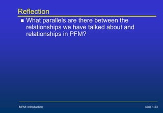 Reflection
 What parallels are there between the
relationships we have talked about and
relationships in PFM?
MPM: Introduction slide 1.23
 
