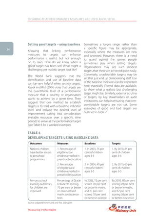 ENSURING THAT PERFORMANCE MEASURES ARE USED AND USEFUL




     setting good targets – using baselines                 Sometimes a target range rather than
34
                                                            a specific figure may be appropriate,
     Knowing that linking performance                       especially where the measures are new
     measures to targets can enhance                        and untested. However, there is a need
     performance is useful, but not enough                  to guard against the games people
     on its own. How do we know when a                      sometimes play when setting targets.
     ‘good’ target has been set? What might a               Organisations may set such modest
     challenging yet realistic target look like?            targets that these are achieved quite easily.
     The World Bank suggests that the                       Conversely, unachievable targets may be
     identification and use of baseline data                set that just end up demoralising staff. Use
     can be very helpful when setting targets.              of the baseline measures can be important
     Kusek and Rist (2004) note that targets are            here, especially if trend data are available,
     the quantifiable level of a performance                to show what a realistic but challenging
     measure that a country or organisation                 target might be. Similarly, external scrutiny
     wants to achieve by a given time. They                 of targets, by key stakeholders or audit
     suggest that one method to establish                   institutions, can help in ensuring that over-
     targets is to start with a baseline indicator          comfortable targets are not set. Some
     level, and include the desired level of                examples of good and bad targets are
     improvement (taking into consideration                 outlined in Table 7.
     available resources over a specific time
     period) to arrive at the performance target
     (see Table 6 for a worked example).

     taBle 6
     DeVeloPing targets Using Baseline Data
       Outcomes                     Measures                Baselines              Targets

       Nation’s children            1. Percentage of        1. In 2003, 75 per     1. By 2010, 85 per
       have better access           eligible urban          cent of children       cent of children
       to preschool                 children enrolled in    ages 3-5               ages 3-5
       programmes                   preschool education
                                    2. Percentage           2. In 2004, 40 per     2. By 2010, 60 per
                                    of eligible rural       cent of children       cent of children
                                    children enrolled in    ages 3-5               ages 3-5
                                    preschool education
       Primary school               Percentage of Grade     In 2005, 75 per cent   By 2010, 80 per cent
       learning outcomes            6 students scoring      scored 70 per cent     scoring 70 per cent
       for children are             70 per cent or better   or better in maths,    or better in maths,
       improved                     on standardised         and 61 per cent        and 67 per cent
                                    maths and science       scored 70 per cent     scoring 70 per cent
                                    tests                   or better in science   or better in science
     Source: adapted from Kusek and Rist, 2004, p.95


     Measuring Performance
 