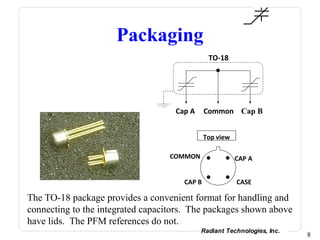 Packaging
                                               TO-18




                                    Cap A     Common Cap B


                                              Top view

                                  COMMON                 CAP A


                                      CAP B              CASE

The TO-18 package provides a convenient format for handling and
connecting to the integrated capacitors. The packages shown above
have lids. The PFM references do not.
                                            Radiant Technologies, Inc.
                                                                         8
 