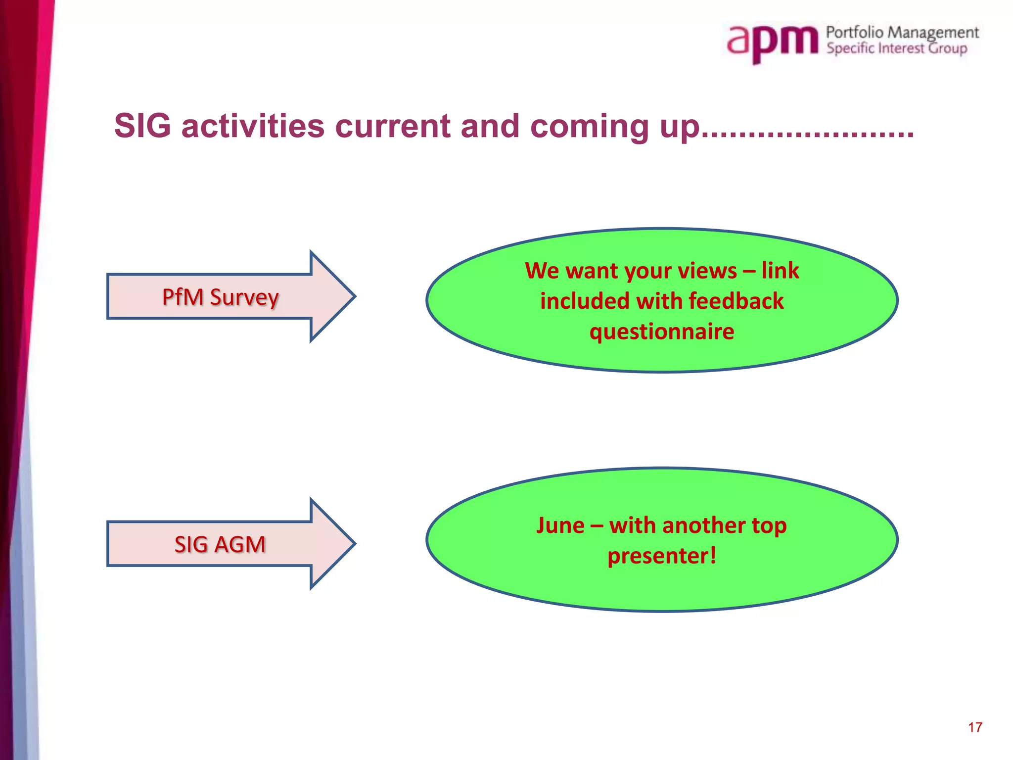 SIG activities current and coming up.......................
17
June – with another top
presenter!
We want your views – link
included with feedback
questionnaire
PfM Survey
SIG AGM
 